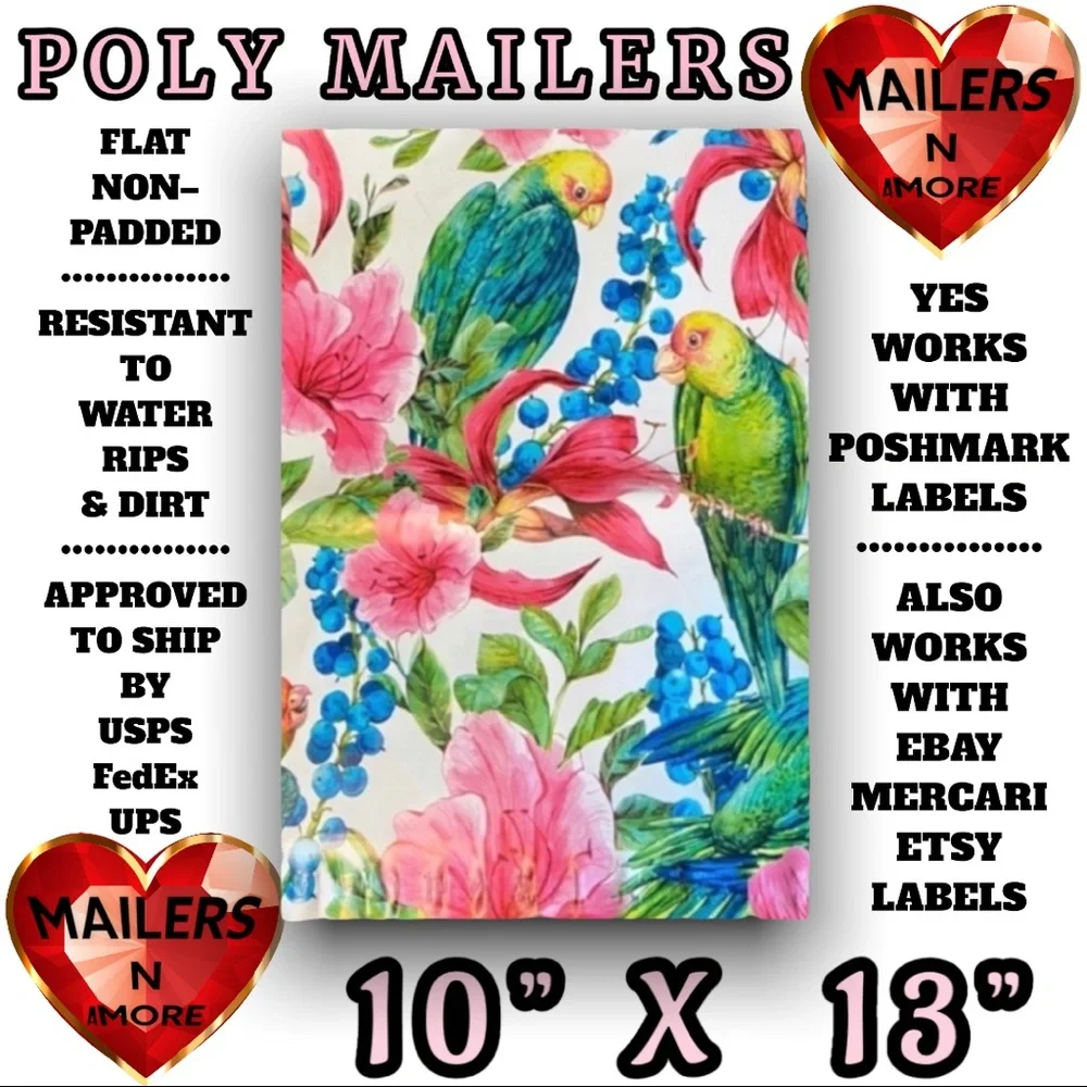 ( Quantity 25 10x13 )  Parrots Hibiscus Poly Mailers Bags Shipping Envelopes - Picture 2 of 2